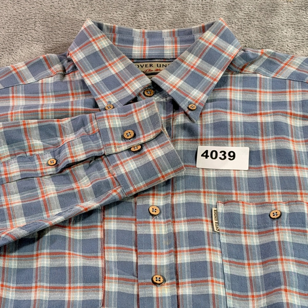 Over Under The Woodsman Shirt Mens L Blue Plaid Cotton Button Down USA Made